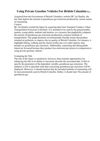 Using Private Gasoline Vehicles For British Columbia s...
Acquired from the Government of British Columbia s website BC Air Quality, the
bar chart depicts the amount of greenhouse gas emissions produced by various means
of commuting.
Context
BC Air Quality created the figure by acquiring data from Transport Canada s Urban
Transportation Emissions Calculator. It is intended to be used by the general public:
parents, young adults, students and teachers, as a resource that graphically compares
the amount of greenhouse gas emissions produced by common methods of
transportation. The graph promotes environmentally friendly means that produce
minimal air pollution, to improve the air quality of British Columbia. For instance, it
highlights biking, walking and the electric trolley bus over other options; they
produce no greenhouse gas emissions. Additionally, carpooling and taking public
transit are favoured because they produce less emissions per person in comparison to
using private gasoline vehicles
Evaluating the Title
The title of the figure is satisfactory; however, there remains opportunities for
enhancing the title in its ability to succinctly describe the associated data. It fails to
specify the parameters of the dependent variable, greenhouse gas emissions. The
audience is left to speculate what data concerning greenhouse gas emissions will be
displayed. Moreover, it should mention that the included methods of commuting will
be ones prominently used in British Columbia. Rather, it should state The amount of
greenhouse gas
 