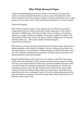 Blue Whale Research Paper
A Blue whale (Balaenoptera musculus), which is also known as the great blue
whales is a marine mammal that roams in various oceans throughout the world.
These mammals are found in all types of bodies of oceans and usually swim in small
groups or even at times, alone. They are the heaviest animals to ever exist on earth.
Physical Description
Blue whales are marine animals. They measure up to be 100 feet long and can
weigh around 200 tons, while newborn blue whales weigh up to 3 tons which is
equivalent to 6000 pounds. The heart of a blue whale is as big as a car and their
tongues can weigh as much as an elephant. An average weight for an adult is 100
150 pounds, but there have been some reports of them weighing up to 210 pounds.
The blue whale was ... Show more content on Helpwriting.net ...
Taxonomic Classification
Blue whales are marine mammals which belong to the baleen whales. Other types of
marine mammals would consist of: dolphins, sea lions, walruses, gray whales, etc.
Through research it is noted that blue whales belong to the Phylum Chordata, since
they are vertebrates and bilaterally symmetrical. All these aspects take part in how
scientists decide to name these animals
Range and Habitat Blue whales used to be very copious in all of the main oceans
in the world until around the 18 20th century when many of the began to be killed
off. They were mainly killed off so their large amounts of blubber and meat, which
was used to make raw materials and products. These mammals can still be seen
swimming in many oceans, like the Atlantic Ocean, Pacific Ocean, and even the
Antarctic Ocean, the numbers of blue whales have gone down, which has slowly
made them to be seen as endangered species. However, during spring/summer they
have the tendency to migrate to the Arctic Ocean. Blue whales spend their lives in
different oceans in the world.
 