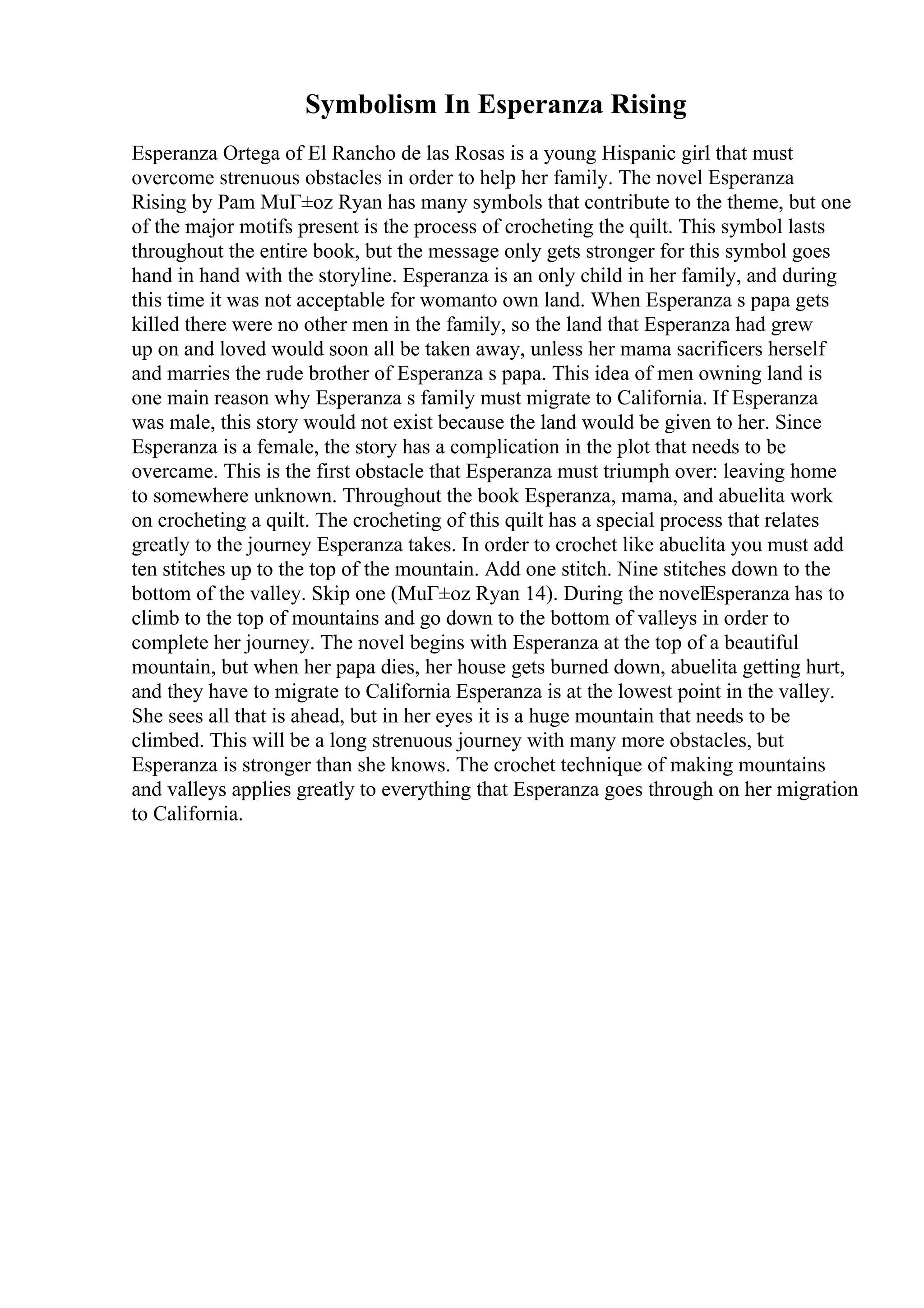 Symbolism In Esperanza Rising
Esperanza Ortega of El Rancho de las Rosas is a young Hispanic girl that must
overcome strenuous obstacles in order to help her family. The novel Esperanza
Rising by Pam MuГ±oz Ryan has many symbols that contribute to the theme, but one
of the major motifs present is the process of crocheting the quilt. This symbol lasts
throughout the entire book, but the message only gets stronger for this symbol goes
hand in hand with the storyline. Esperanza is an only child in her family, and during
this time it was not acceptable for womanto own land. When Esperanza s papa gets
killed there were no other men in the family, so the land that Esperanza had grew
up on and loved would soon all be taken away, unless her mama sacrificers herself
and marries the rude brother of Esperanza s papa. This idea of men owning land is
one main reason why Esperanza s family must migrate to California. If Esperanza
was male, this story would not exist because the land would be given to her. Since
Esperanza is a female, the story has a complication in the plot that needs to be
overcame. This is the first obstacle that Esperanza must triumph over: leaving home
to somewhere unknown. Throughout the book Esperanza, mama, and abuelita work
on crocheting a quilt. The crocheting of this quilt has a special process that relates
greatly to the journey Esperanza takes. In order to crochet like abuelita you must add
ten stitches up to the top of the mountain. Add one stitch. Nine stitches down to the
bottom of the valley. Skip one (MuГ±oz Ryan 14). During the novelEsperanza has to
climb to the top of mountains and go down to the bottom of valleys in order to
complete her journey. The novel begins with Esperanza at the top of a beautiful
mountain, but when her papa dies, her house gets burned down, abuelita getting hurt,
and they have to migrate to California Esperanza is at the lowest point in the valley.
She sees all that is ahead, but in her eyes it is a huge mountain that needs to be
climbed. This will be a long strenuous journey with many more obstacles, but
Esperanza is stronger than she knows. The crochet technique of making mountains
and valleys applies greatly to everything that Esperanza goes through on her migration
to California.
 