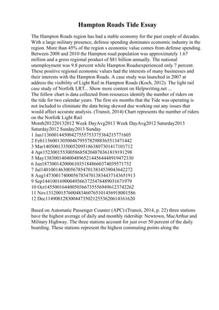 Hampton Roads Tide Essay
The Hampton Roads region has had a stable economy for the past couple of decades.
With a large military presence, defense spending dominates economic industry in the
region. More than 45% of the region s economic value comes from defense spending.
Between 2008 and 2010 the Hampton road population was approximately 1.67
million and a gross regional product of $81 billion annually. The national
unemployment was 9.8 percent while Hampton Roadsexperienced only 7 percent.
These positive regional economic values had the interests of many businesses and
their interests with the Hampton Roads. A case study was launched in 2007 at
address the visibility of Light Rail in Hampton Roads (Koch, 2012). The light rail
case study of Norfolk LRT... Show more content on Helpwriting.net ...
The follow chart is data collected from resources identify the number of riders on
the tide for two calendar years. The first six months that the Tide was operating is
not included to eliminate the data being skewed due working out any issues that
would affect accurate analysis. (Transit, 2014) Chart represents the number of riders
on the Norfolk Light Rail
Month201220132012 Week DayAvg2013 Week DayAvg2012 Saturday2013
Saturday2012 Sunday2013 Sunday
1 Jan113600144500427555753375364215771605
2 Feb115600130500467955782988365513471442
3 Mar140500133500520951863807301417101712
4 Apr152300155300586858204870361819191298
5 May138300140400489652144564448919472330
6 Jun187300142000610351848660374039571752
7 Jul1401001463005678547013834539043642272
8 Aug1473001740005678547013834437143651913
9 Sep144100169000495663725476489031671979
10 Oct145500164400503667355569496123742262
11 Nov131200157600483460765101456918001586
12 Dec114900128300447350212553620614161620
Based on Automatic Passenger Counter (APC) (Transit, 2014, p. 22) three stations
have the highest average of daily and monthly ridership: Newtown, MacArthur and
Military Highway. The three stations account for just over 50 percent of the daily
boarding. These stations represent the highest commuting points along the
 