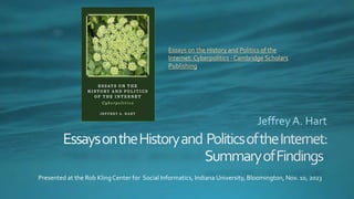 Essays on the History and Politics of the
Internet: Cyberpolitics - Cambridge Scholars
Publishing
Presented at the Rob KlingCenter for Social Informatics, Indiana University, Bloomington, Nov. 10, 2023
 