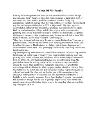 Values Of My Family
Looking back three generations, I can see how my values I have learned through
my immediate family have been passed on from generation to generation. Both of
my mother and father s sides, would be considered a nuclear family. My
grandparents were both married when they had children. My mother s parents stayed
together until my grandfather died in 2000 at 68 years old. My father s parents
divorced after all four of their children had graduated high schooland were adults.
Both parents had multiple siblings and all of them grew up in an authoritative
parenting home where discipline was used to reinforce the familyrules. My parents
siblings were extremely close growing up, partly because they all had to share their
rooms with each... Show more content on Helpwriting.net ...
When I was in junior high, my uncle decided to relocate his family to Tennessee to
purse his career. They still try and remain close by trying to come back once a year
for either Christmas or Thanksgiving. My father s oldest sister s daughters were
also considered sisters when I was growing up, and we were close every time we had
family gatherings.
My parents grew up had some social class differences in their childhood. My mother s
family grew up on the verge of poverty. There were five kids when my mom was
growing up in a three bedroom, one bath home, which was the original homestead
from the 1890s. The only heat source they had was a wood burning stove. My
grandfather farmed for a living, and all of his children were expected to help
around the house. Their gender roles were pretty traditional. My grandfather
worked to provide for his family, while my grandmother raised five children. Since
my mother was the oldest, and only girl, she quickly learned responsibility, and the
value of hard work. She often told me that her goal in life was to give us, her
children, a better quality of life than she had. This determination led her to a
bachelor s, and eventually a master s degree from Stephen F. Austin. Her mentality
that pushed her through was the idea of getting a degree would allow her to earn
enough money to provide for her family in ways she never had when she was little.
My father grew up in the
 