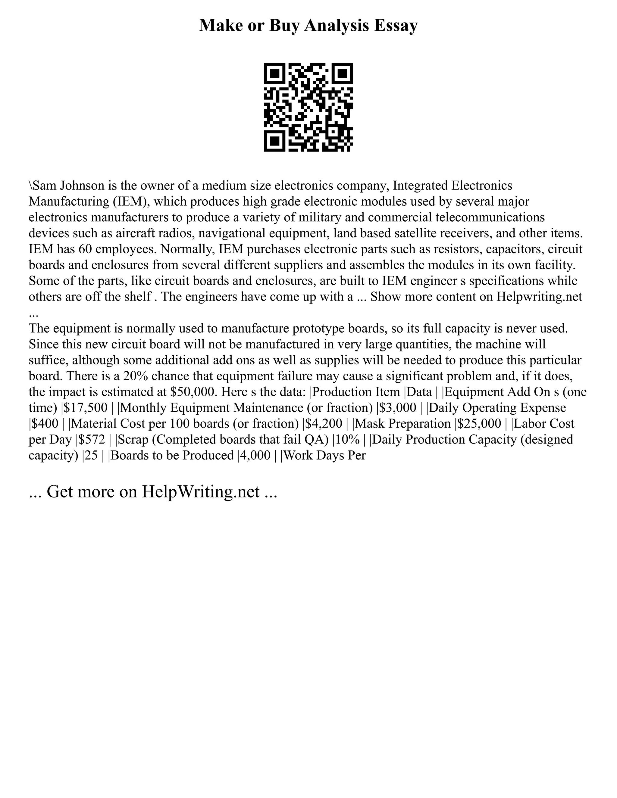 Make or Buy Analysis Essay
Sam Johnson is the owner of a medium size electronics company, Integrated Electronics
Manufacturing (IEM), which produces high grade electronic modules used by several major
electronics manufacturers to produce a variety of military and commercial telecommunications
devices such as aircraft radios, navigational equipment, land based satellite receivers, and other items.
IEM has 60 employees. Normally, IEM purchases electronic parts such as resistors, capacitors, circuit
boards and enclosures from several different suppliers and assembles the modules in its own facility.
Some of the parts, like circuit boards and enclosures, are built to IEM engineer s specifications while
others are off the shelf . The engineers have come up with a ... Show more content on Helpwriting.net
...
The equipment is normally used to manufacture prototype boards, so its full capacity is never used.
Since this new circuit board will not be manufactured in very large quantities, the machine will
suffice, although some additional add ons as well as supplies will be needed to produce this particular
board. There is a 20% chance that equipment failure may cause a significant problem and, if it does,
the impact is estimated at $50,000. Here s the data: |Production Item |Data | |Equipment Add On s (one
time) |$17,500 | |Monthly Equipment Maintenance (or fraction) |$3,000 | |Daily Operating Expense
|$400 | |Material Cost per 100 boards (or fraction) |$4,200 | |Mask Preparation |$25,000 | |Labor Cost
per Day |$572 | |Scrap (Completed boards that fail QA) |10% | |Daily Production Capacity (designed
capacity) |25 | |Boards to be Produced |4,000 | |Work Days Per
... Get more on HelpWriting.net ...
 