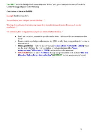 3
You MUST include theory that is relevant to the “Rom-Com” genre’s representation of the Male
Gender to support your understanding.
Conclusion – 100 words MAX
Example Sentence starters–
“In conclusion, this analysis has established….”
“Having deconstructed each moving image text from the romantic comedy-genre, it can be
concluded…”
“To conclude, this comparative analysis has been able to establish…”
 Look back at what you said in your Introduction – Did the analysis address the aims
well?
 Focus on and conclude on x1 example for EACH gender that represents a stereotype to
the audience.
 Closing sentence – Refer to theory such as Tamar Jeffers-McDonald’s (2007) views
on the genre OR how the representation of each gender provides “mass
entertainment” (Mortimer – 2010) for the audience for example.
 YOU COULD refer to other Mortimer theory for specific films such as how “The film
(Knocked Up) endorses the underdog” (YOU MUST look in your exercise book)
 
