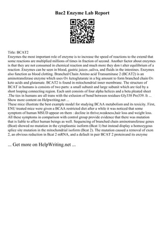 Bac2 Enzyme Lab Report
Title: BCAT2
Enzymes the most important role of enzyme is to increase the speed of reactions to the extend that
some reactions are multiplied millions of times in fraction of second. Another factor about enzymes
is that they are not consumed in chemical reaction and much more they don t alter equilibrium of a
reaction .Enzymes can be seen in blood, gastric juices ,saliva, and fluids in the intestines. Enzymes
also function as blood clotting. Branched Chain Amino acid Transaminase 2 (BCAT2) is an
aminotransferase enzyme which uses О± ketoglutarate in a big amount to form branched chain О±
keto acids and glutamate. BCAT2 is found in mitochondrial inner membrane. The structure of
BCAT in humans is consists of two parts: a small subunit and large subunit which are tied by a
short looping connecting region. Each unit consists of four alpha helices and a beta pleated sheet
.The ties in humans are all trans with the exlusion of bond between residues Gly338 Pro339. It ...
Show more content on Helpwriting.net ...
These mice illustrate the best example model for studying BCAA metabolism and its toxicity. First,
ENU treated mice were given a BCAA restricted diet after a while it was noticed that some
symptom of human MSUD appear on them : decline in thrive,weakness,hair loss and weight loss.
All these symptoms in comparison with control group provide evidence that there was mutation
that is liable to affect human beings as well. Sequencing of branched chain aminotransferase genes
(Bcat) showed no mutation in the cytoplasmic isoform (Bcat 1) but instead display a homozygous
splice site mutation in the mitochondrial isoform (Bcat 2). The mutation caused a removal of exon
2, an obvious reduction in Bcat 2 mRNA, and a default in pair BCAT 2 proteinand its enzyme
... Get more on HelpWriting.net ...
 