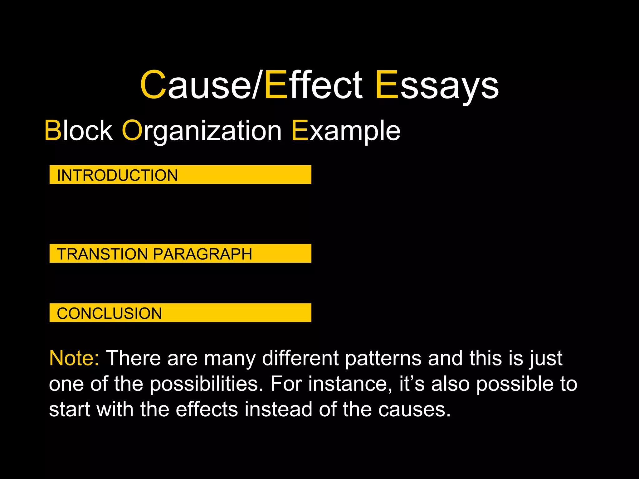 C ause/ E ffect  E ssays B lock  O rganization  E xample Note:  There are many different patterns and this is just one of the possibilities. For instance, it’s also possible to start with the effects instead of the causes. 