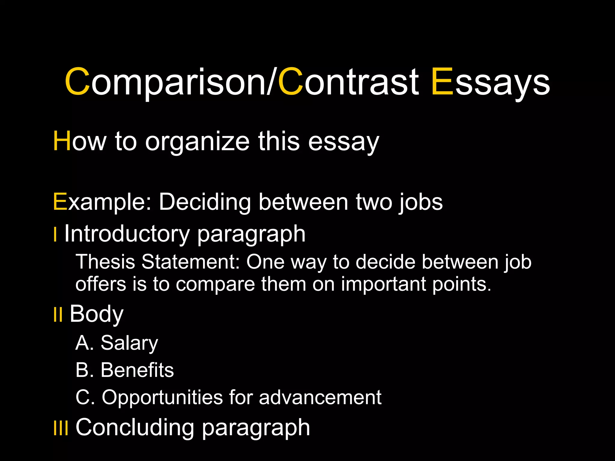 C omparison/ C ontrast  E ssays H ow to organize this essay E xample: Deciding between two jobs I   Introductory paragraph Thesis Statement: One way to decide between job offers is to compare them on important points . II   Body A. Salary B. Benefits C. Opportunities for advancement III   Concluding paragraph 
