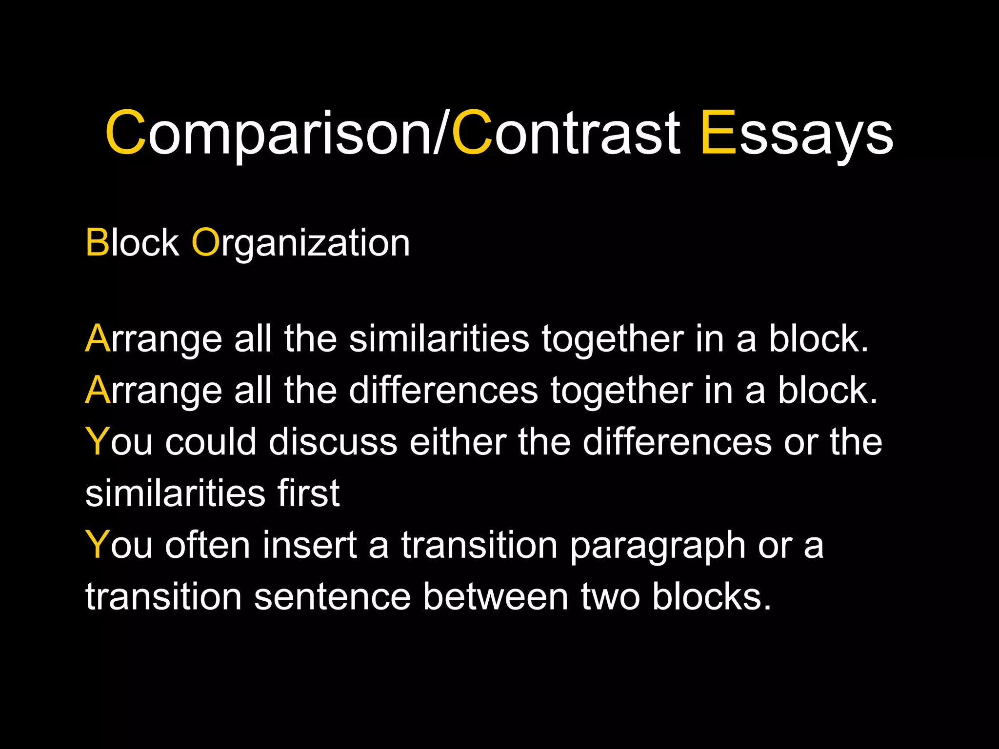 C omparison/ C ontrast  E ssays B lock  O rganization A rrange all the similarities together in a block. A rrange all the differences together in a block. Y ou could discuss either the differences or the similarities first Y ou often insert a transition paragraph or a transition sentence between two blocks. 