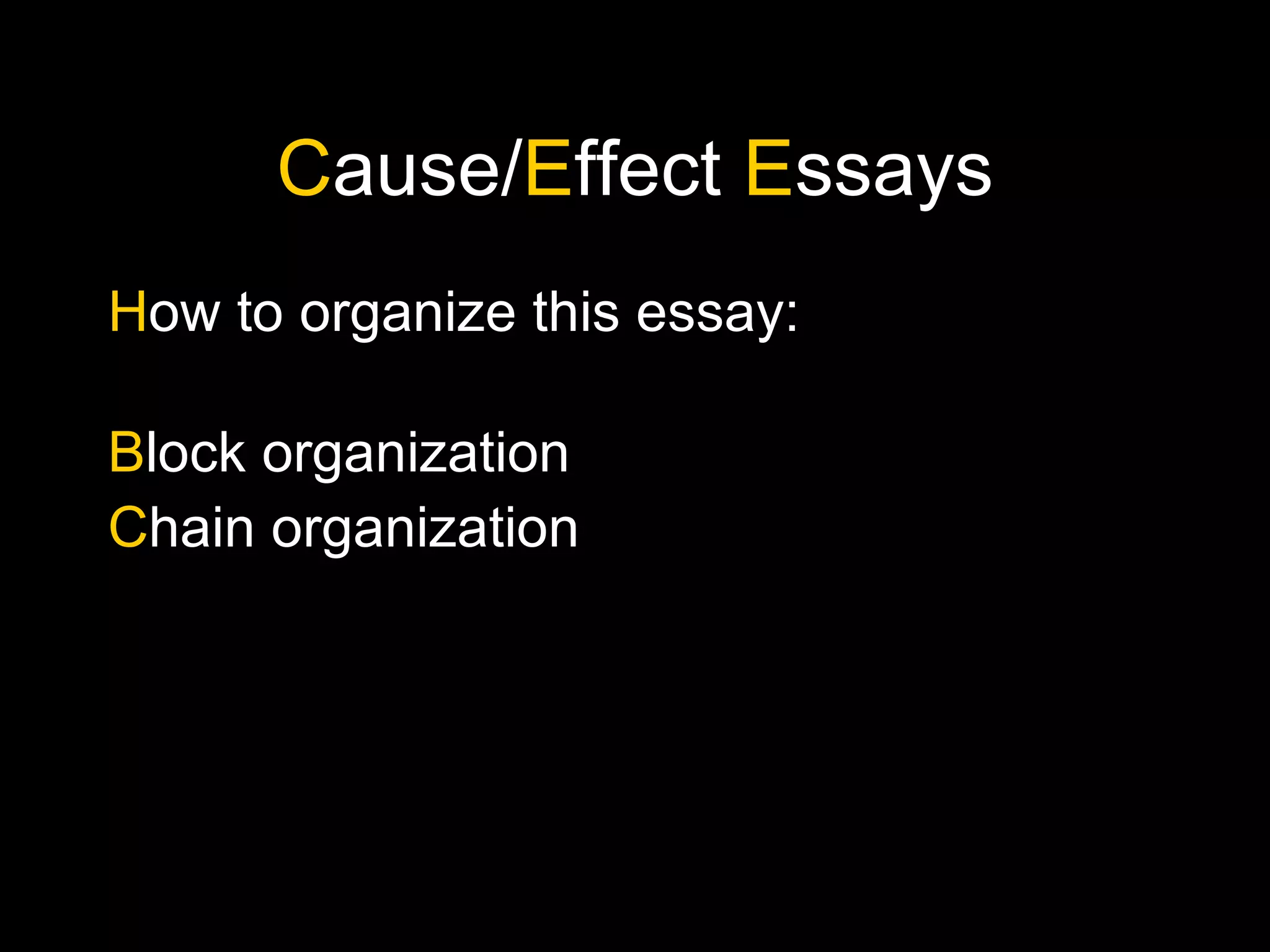 C ause/ E ffect  E ssays H ow to organize this essay: B lock organization C hain organization 