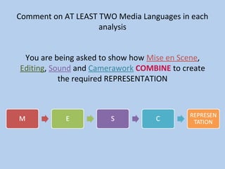 Comment on AT LEAST TWO Media Languages in each
                    analysis


 You are being asked to show how Mise en Scene,
Editing, Sound and Camerawork COMBINE to create
           the required REPRESENTATION
 