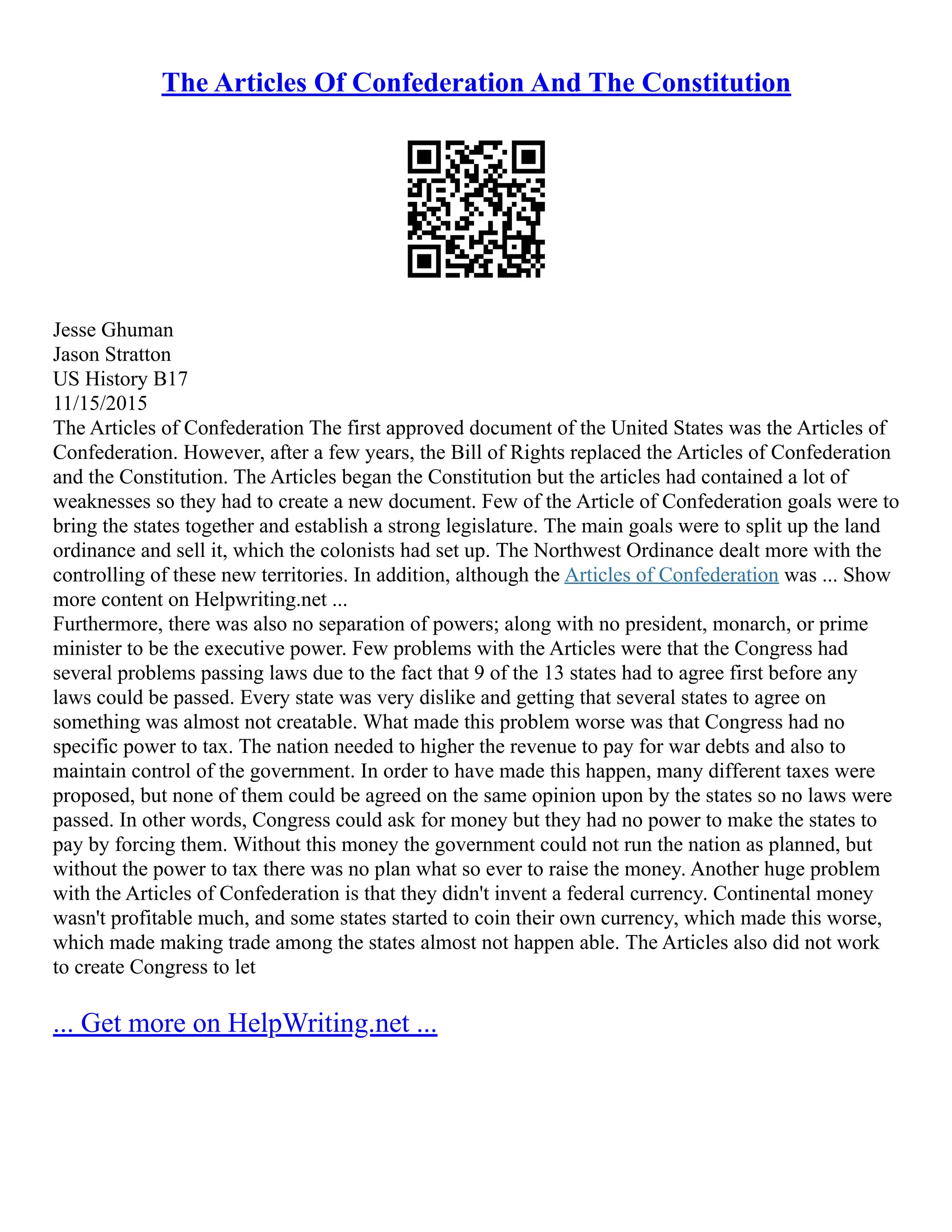 Essay The Articles Of Confederation | PDF