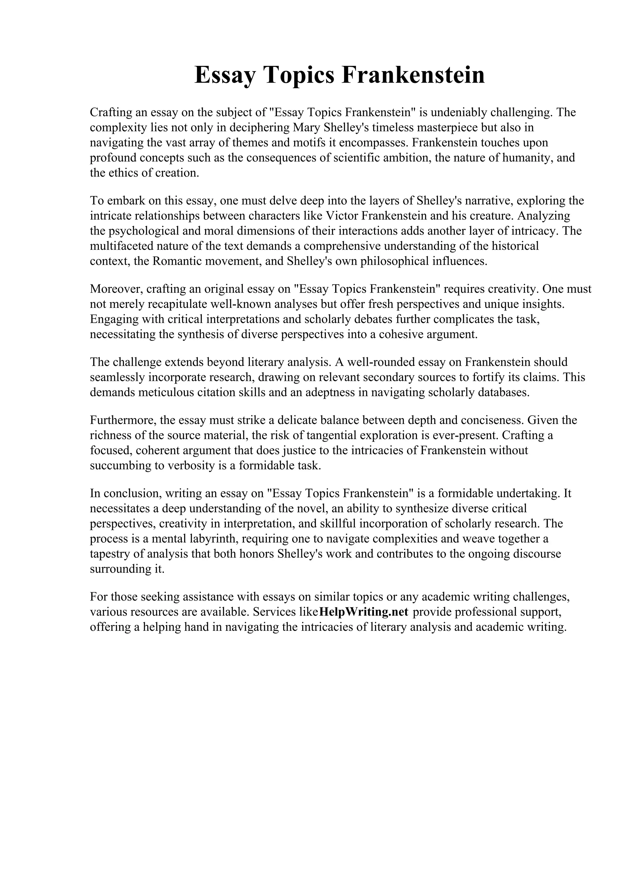 Essay Topics Frankenstein. Frankenstein Analysis Essay Related