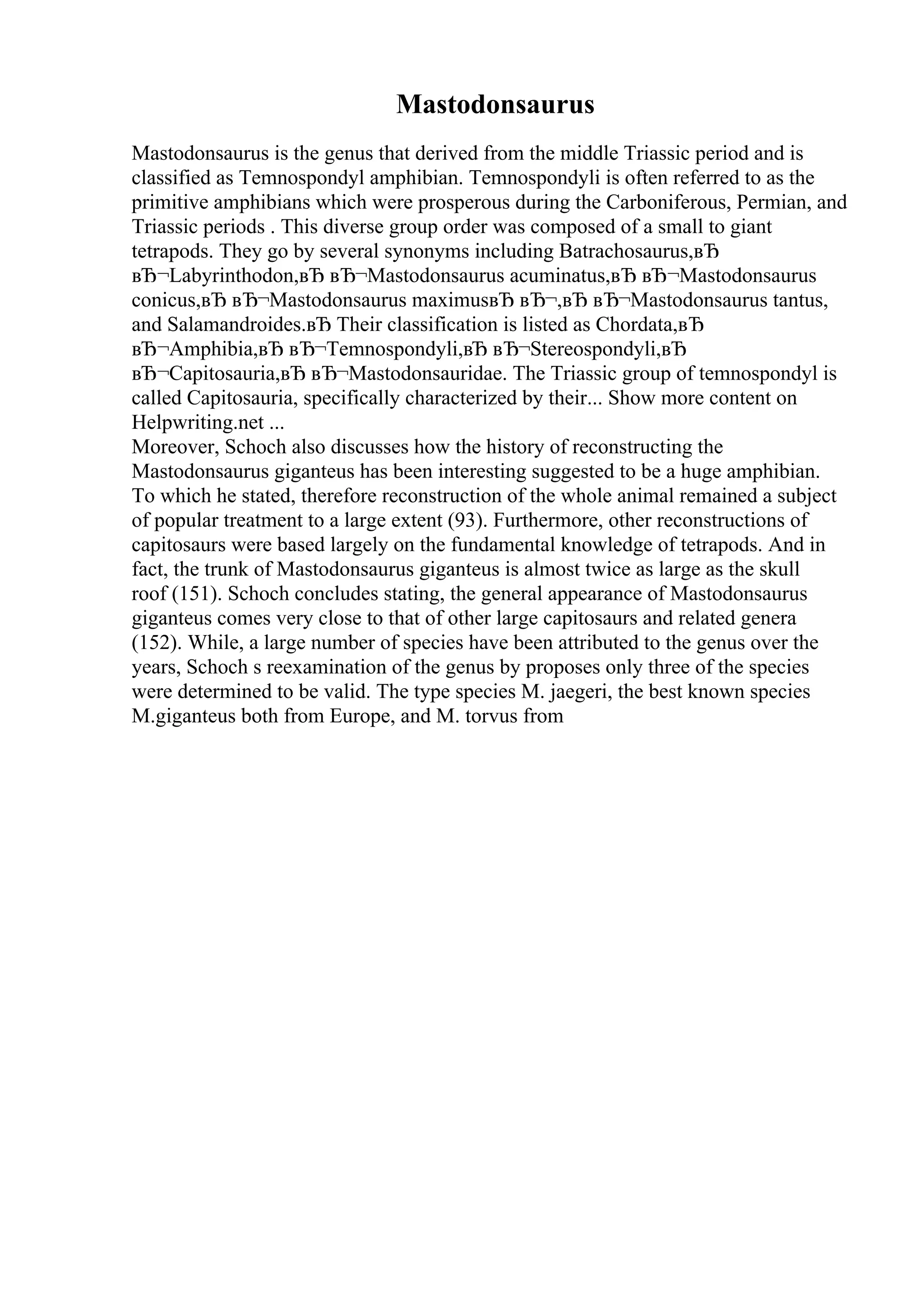 Mastodonsaurus
Mastodonsaurus is the genus that derived from the middle Triassic period and is
classified as Temnospondyl amphibian. Temnospondyli is often referred to as the
primitive amphibians which were prosperous during the Carboniferous, Permian, and
Triassic periods . This diverse group order was composed of a small to giant
tetrapods. They go by several synonyms including Batrachosaurus,вЂ
вЂ¬Labyrinthodon,вЂ вЂ¬Mastodonsaurus acuminatus,вЂ вЂ¬Mastodonsaurus
conicus,вЂ вЂ¬Mastodonsaurus maximusвЂ вЂ¬,вЂ вЂ¬Mastodonsaurus tantus,
and Salamandroides.вЂ Their classification is listed as Chordata,вЂ
вЂ¬Amphibia,вЂ вЂ¬Temnospondyli,вЂ вЂ¬Stereospondyli,вЂ
вЂ¬Capitosauria,вЂ вЂ¬Mastodonsauridae. The Triassic group of temnospondyl is
called Capitosauria, specifically characterized by their... Show more content on
Helpwriting.net ...
Moreover, Schoch also discusses how the history of reconstructing the
Mastodonsaurus giganteus has been interesting suggested to be a huge amphibian.
To which he stated, therefore reconstruction of the whole animal remained a subject
of popular treatment to a large extent (93). Furthermore, other reconstructions of
capitosaurs were based largely on the fundamental knowledge of tetrapods. And in
fact, the trunk of Mastodonsaurus giganteus is almost twice as large as the skull
roof (151). Schoch concludes stating, the general appearance of Mastodonsaurus
giganteus comes very close to that of other large capitosaurs and related genera
(152). While, a large number of species have been attributed to the genus over the
years, Schoch s reexamination of the genus by proposes only three of the species
were determined to be valid. The type species M. jaegeri, the best known species
M.giganteus both from Europe, and M. torvus from
 