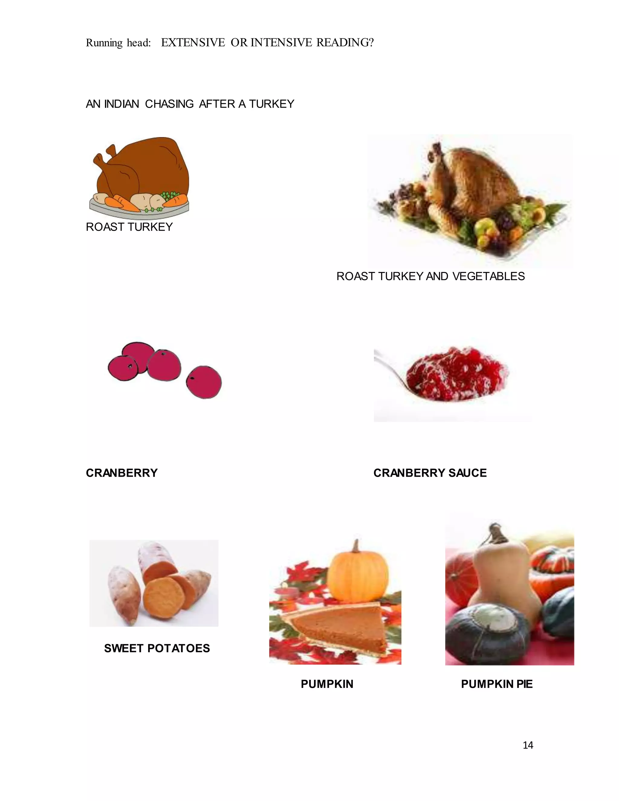 Running head: EXTENSIVE OR INTENSIVE READING?
14
AN INDIAN CHASING AFTER A TURKEY
ROAST TURKEY
ROAST TURKEY AND VEGETABLES
CRANBERRY CRANBERRY SAUCE
SWEET POTATOES
PUMPKIN PUMPKIN PIE
 
