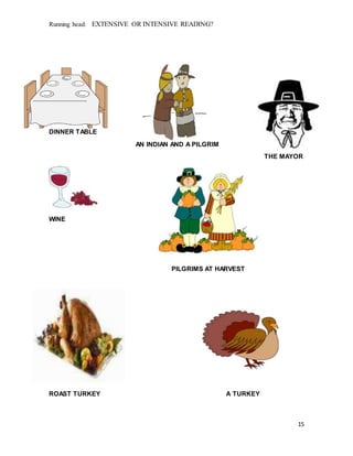 Running head: EXTENSIVE OR INTENSIVE READING?
15
DINNER TABLE
AN INDIAN AND A PILGRIM
THE MAYOR
WINE
PILGRIMS AT HARVEST
ROAST TURKEY A TURKEY
 