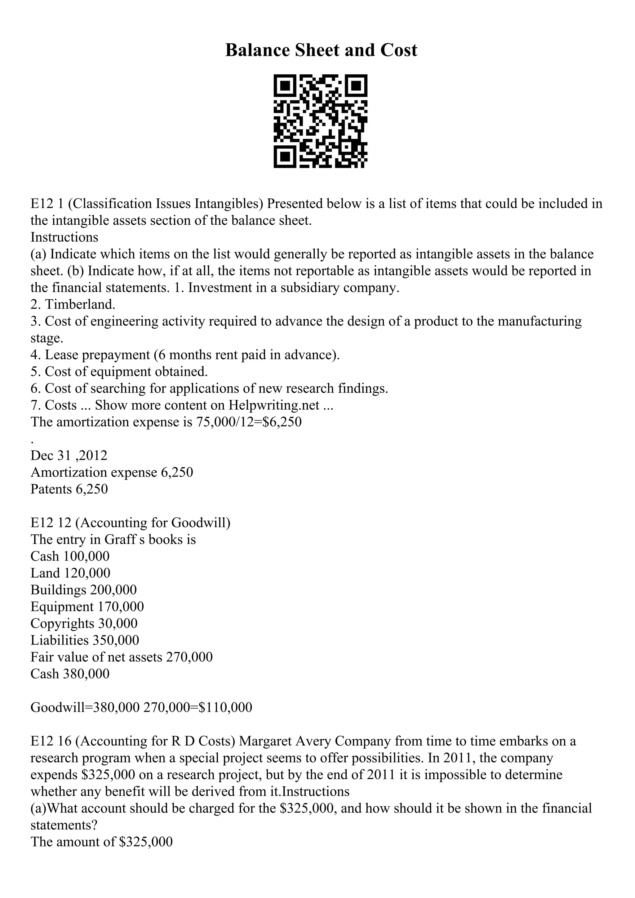 Balance Sheet and Cost
E12 1 (Classification Issues Intangibles) Presented below is a list of items that could be included in
the intangible assets section of the balance sheet.
Instructions
(a) Indicate which items on the list would generally be reported as intangible assets in the balance
sheet. (b) Indicate how, if at all, the items not reportable as intangible assets would be reported in
the financial statements. 1. Investment in a subsidiary company.
2. Timberland.
3. Cost of engineering activity required to advance the design of a product to the manufacturing
stage.
4. Lease prepayment (6 months rent paid in advance).
5. Cost of equipment obtained.
6. Cost of searching for applications of new research findings.
7. Costs ... Show more content on Helpwriting.net ...
The amortization expense is 75,000/12=$6,250
.
Dec 31 ,2012
Amortization expense 6,250
Patents 6,250
E12 12 (Accounting for Goodwill)
The entry in Graff s books is
Cash 100,000
Land 120,000
Buildings 200,000
Equipment 170,000
Copyrights 30,000
Liabilities 350,000
Fair value of net assets 270,000
Cash 380,000
Goodwill=380,000 270,000=$110,000
E12 16 (Accounting for R D Costs) Margaret Avery Company from time to time embarks on a
research program when a special project seems to offer possibilities. In 2011, the company
expends $325,000 on a research project, but by the end of 2011 it is impossible to determine
whether any benefit will be derived from it.Instructions
(a)What account should be charged for the $325,000, and how should it be shown in the financial
statements?
The amount of $325,000
 