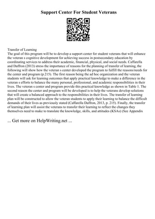 Support Center For Student Veterans
Transfer of Learning
The goal of this program will be to develop a support center for student veterans that will enhance
the veteran s cognitive development for achieving success in postsecondary education by
coordinating services to address their academic, financial, physical, and social needs. Caffarella
and Daffron (2013) stress the importance of reasons for the planning of transfer of learning, the
following will show how the veteran s center developed the program to fulfill the reasons/needs for
the center and program (p.215). The first reason being the ad hoc organization and the veteran
students will ask for learning outcomes that apply practical knowledge to make a difference in the
veteran s efforts to balance the many personal, professional, and academic responsibilities in their
lives. The veteran s center and program provide this practical knowledge as shown in Table 1. The
second reason the center and program will be developed is to help the veterans develop solutions
that will create a balanced approach to the responsibilities in their lives. The transfer of learning
plan will be constructed to allow the veteran students to apply their learning to balance the difficult
demands of their lives as previously stated (Caffarella Daffron, 2013, p. 215). Finally, the transfer
of learning plan will assist the veterans to transfer their learning to reflect the changes they
themselves need to make to translate the knowledge, skills, and attitudes (KSAs) (See Appendix
... Get more on HelpWriting.net ...
 