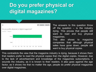 Do you prefer physical or
digital magazines?
The answers to this question throw
off the question – is the industry
dying. This proves that people still
want to read and buy physical
magazines.
This also shows to magazine
companies that although physical
sales have gone down, people still
want to buy physical copies.
This contradicts the view that the magazine industry is dying, because it shows them
that readers prefer to read the physical copies then the digital copies. However, due
to the lack of advertisement and knowledge of the magazines subscriptions, it
wounds the industry, as it is known to their readers. It also goes against the age
factor, as it shows me that no matter the age, people do prefer physical magazines
over digital magazines.
 