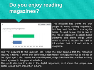 Do you enjoy reading
magazines?
This research has shown me that
people do enjoy reading magazines,
but they don’t buy them on a regular
basis. As said before, this is due to
the rise of popularity in social media
platforms and online blogs which
make it easy to access the kind of
information that is found within a
magazine.
The ‘no’ answers to this question can reflect the slow burning that the magazine
industry is facing. It shows that people have lost interest in magazines due to the rise of
the digital age. It also means that over the years, magazines have become less exciting
then they were to the generation before.
This could also link to a rise in the digital magazines, as it shows that people may
prefer to read them online then in hand.
 