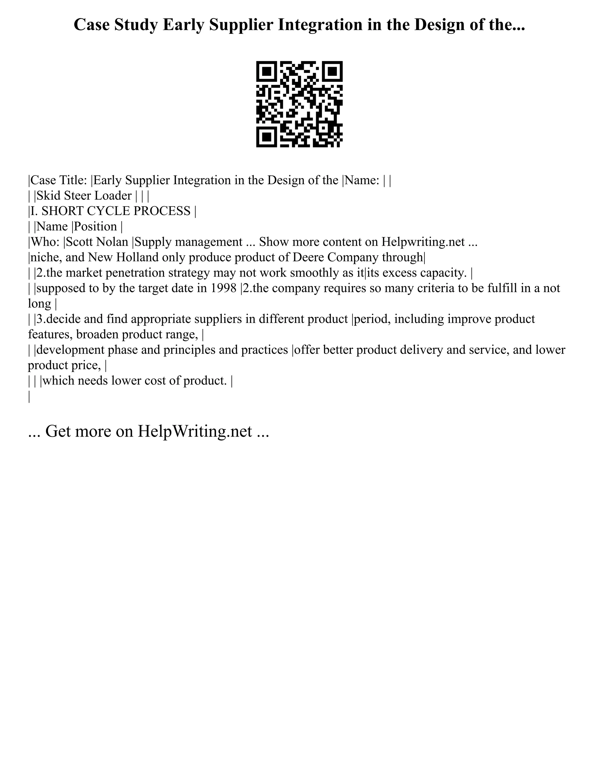 Case Study Early Supplier Integration in the Design of the...
|Case Title: |Early Supplier Integration in the Design of the |Name: | |
| |Skid Steer Loader | | |
|I. SHORT CYCLE PROCESS |
| |Name |Position |
|Who: |Scott Nolan |Supply management ... Show more content on Helpwriting.net ...
|niche, and New Holland only produce product of Deere Company through|
| |2.the market penetration strategy may not work smoothly as it|its excess capacity. |
| |supposed to by the target date in 1998 |2.the company requires so many criteria to be fulfill in a not
long |
| |3.decide and find appropriate suppliers in different product |period, including improve product
features, broaden product range, |
| |development phase and principles and practices |offer better product delivery and service, and lower
product price, |
| | |which needs lower cost of product. |
|
... Get more on HelpWriting.net ...
 