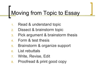 Moving from Topic to Essay Read & understand topic Dissect & brainstorm topic Pick argument & brainstorm thesis Form & test thesis Brainstorm & organize support List rebuttals Write, Revise, Edit Proofread & print good copy 