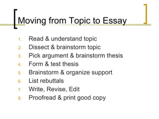 Moving from Topic to Essay <ul><li>Read & understand topic </li></ul><ul><li>Dissect & brainstorm topic </li></ul><ul><li>...