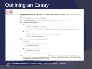 Outlining an Essay
Taken from: Academic Writing from Paragraph to Essay, Zemach, D. & Rumisek, L. Macmillan
2005
 