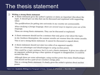 The thesis statement
Taken from: Academic Writing from Paragraph to Essay, Zemach, D. & Rumisek, L. Macmillan 2005
 