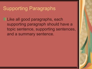 Supporting Paragraphs
Like all good paragraphs, each
supporting paragraph should have a
topic sentence, supporting sentences,
and a summary sentence.

 