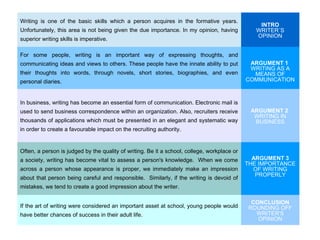 Writing is one of the basic skills which a person acquires in the formative years.
Unfortunately, this area is not being given the due importance. In my opinion, having
superior writing skills is imperative.
INTRO
WRITER´S
OPINION
For some people, writing is an important way of expressing thoughts, and
communicating ideas and views to others. These people have the innate ability to put
their thoughts into words, through novels, short stories, biographies, and even
personal diaries.
ARGUMENT 1
WRITING AS A
MEANS OF
COMMUNICATION
In business, writing has become an essential form of communication. Electronic mail is
used to send business correspondence within an organization. Also, recruiters receive
thousands of applications which must be presented in an elegant and systematic way
in order to create a favourable impact on the recruiting authority.
ARGUMENT 2
WRITING IN
BUSINESS
Often, a person is judged by the quality of writing. Be it a school, college, workplace or
a society, writing has become vital to assess a person's knowledge. When we come
across a person whose appearance is proper, we immediately make an impression
about that person being careful and responsible. Similarly, if the writing is devoid of
mistakes, we tend to create a good impression about the writer.
ARGUMENT 3
THE IMPORTANCE
OF WRITING
PROPERLY
If the art of writing were considered an important asset at school, young people would
have better chances of success in their adult life.
CONCLUSION
ROUNDING OFF
WRITER'S
OPINION
 