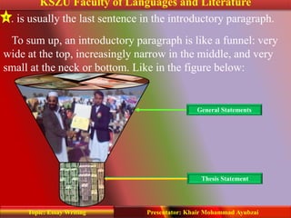 KSZU Faculty of Languages and Literature
Presentator: Khair Mohammad AyubzaiTopic: Essay Writing
. is usually the last sentence in the introductory paragraph.4
To sum up, an introductory paragraph is like a funnel: very
wide at the top, increasingly narrow in the middle, and very
small at the neck or bottom. Like in the figure below:
General Statements
Thesis Statement
 