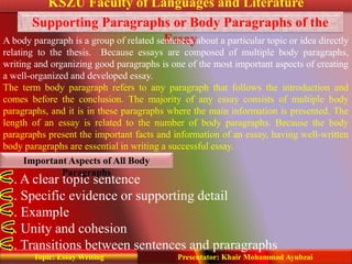 KSZU Faculty of Languages and Literature
Presentator: Khair Mohammad AyubzaiTopic: Essay Writing
Supporting Paragraphs or Body Paragraphs of the
EssayA body paragraph is a group of related sentences about a particular topic or idea directly
relating to the thesis. Because essays are composed of multiple body paragraphs,
writing and organizing good paragraphs is one of the most important aspects of creating
a well-organized and developed essay.
The term body paragraph refers to any paragraph that follows the introduction and
comes before the conclusion. The majority of any essay consists of multiple body
paragraphs, and it is in these paragraphs where the main information is presented. The
length of an essay is related to the number of body paragraphs. Because the body
paragraphs present the important facts and information of an essay, having well-written
body paragraphs are essential in writing a successful essay.
Important Aspects of All Body
Paragraphs
. A clear topic sentence
. Specific evidence or supporting detail
. Example
. Unity and cohesion
. Transitions between sentences and praragraphs
 
