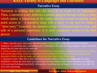 KSZU Faculty of Languages and Literature
Presentator: Khair Mohammad AyubzaiTopic: Essay Writing
Narration is writing that tells the story of an event or an experience.
Then, a narrative essay achieves a certain purpose through telling a story,
which makes it interesting to the reader and also results in getting some
point across or a narrative essay tells a story. It can also be called a
“short story.” Generally the narrative essay is conversational in style, and
tells of a personal experience. It is most commonly written in the first
person.
Narrative Essay
Guidelines for Narrative Essay
1. Make a specific point. Determine what the purpose of your essay is. State that point in your thesis
statement, or controlling idea, and building upon it throughout the essay by using examples, stories, and other
details that all relate back to the main idea.
2. Involve readers in the story and create a visual picture by using dialogue and physical description, which is
achieved through telling events that happened and presenting problems that arose. Also include specific
descriptive details so that the reader can easily picture the scene in each of the events.
3. Sequence events. Often this is done chronologically(the order in which events happened), but using
flashbacks ( writing the story from one point in time but then talking briefly about something that happened
in the past) and foreshadowing (briefly talking about something that will happen in the future) can make the
story more interesting.
 