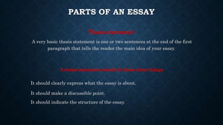PARTS OF AN ESSAY
Thesis statement:
A very basic thesis statement is one or two sentences at the end of the first
paragraph that tells the reader the main idea of your essay.
A thesis statement should do these three things.
It should clearly express what the essay is about.
It should make a discussible point.
It should indicate the structure of the essay.
 