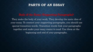 PARTS OF AN ESSAY
Body of the Essay (Supporting Paragraphs):
They make the body of your work. They develop the main idea of
your essay. To connect your supporting paragraphs, you should use
special transition words. Transition words link your paragraphs
together and make your essay easier to read. Use them at the
beginning and end of your paragraphs.
 