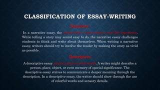 CLASSIFICATION OF ESSAY-WRITING
Narrative:
In a narrative essay, the writer tells a story about a real-life experience.
While telling a story may sound easy to do, the narrative essay challenges
students to think and write about themselves. When writing a narrative
essay, writers should try to involve the reader by making the story as vivid
as possible.
Descriptive:
A descriptive essay paints a picture with words. A writer might describe a
person, place, object, or even memory of special significance. The
descriptive essay strives to communicate a deeper meaning through the
description. In a descriptive essay, the writer should show through the use
of colorful words and sensory details.
 