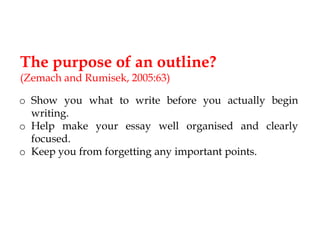 The purpose of an outline?
(Zemach and Rumisek, 2005:63)

o Show you what to write before you actually begin
writing.
o Help make your essay well organised and clearly
focused.
o Keep you from forgetting any important points.

 