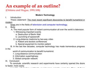 An example of an outline?
(Oshima and Hogue, 1991:108)
Modern Technology
I.

Introduction
Thesis statement: The most recent significant discoveries to benefit humankind in
modern
times are in the fields of television and computer technology.
II.
Body
A. The most popular form of instant communication all over the world is television.
1. Witnessing important events
a. Destruction of Berlin Wall
b. Launching of spacecraft
2. Long-distance medicine by two-way video
a. Patient and doctors conferences
b. Special equipment to monitor patient
B. In the last few decades, computer technology has made tremendous progress
in the
world of communication to benefit humankind.
1. Long-distance communication
2. Information superhighway
3. Global computer network
III. Conclusion
To conclude, scientific research and experiments have certainly opened the doors
to faster, more easily

 