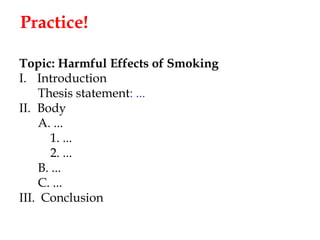 Practice!
Topic: Harmful Effects of Smoking
I. Introduction
Thesis statement: ...
II. Body
A. ...
1. ...
2. ...
B. ...
C. ...
III. Conclusion

 
