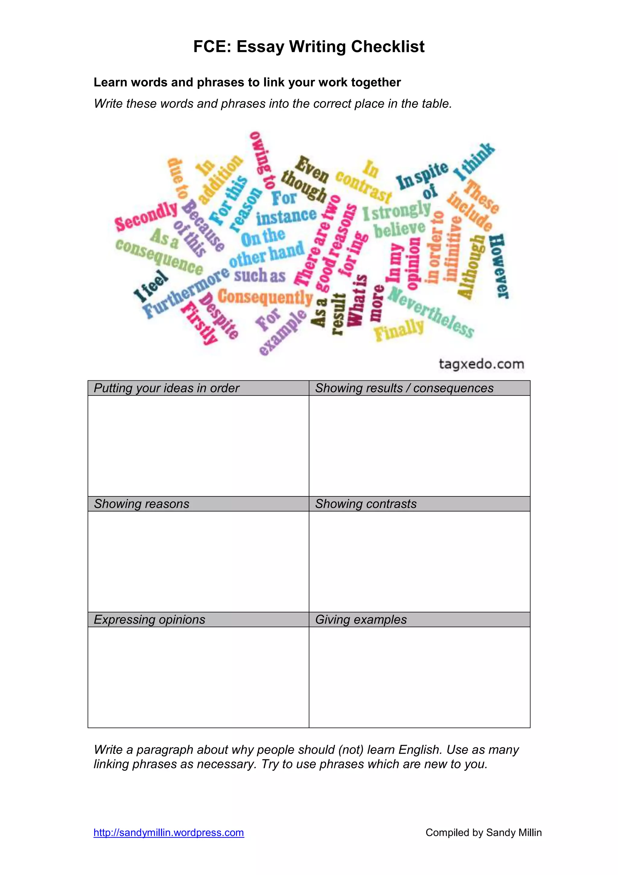 FCE: Essay Writing Checklist

Learn words and phrases to link your work together
Write these words and phrases into the correct place in the table.




Putting your ideas in order             Showing results / consequences




Showing reasons                         Showing contrasts




Expressing opinions                     Giving examples




Write a paragraph about why people should (not) learn English. Use as many
linking phrases as necessary. Try to use phrases which are new to you.




http://sandymillin.wordpress.com                             Compiled by Sandy Millin
 