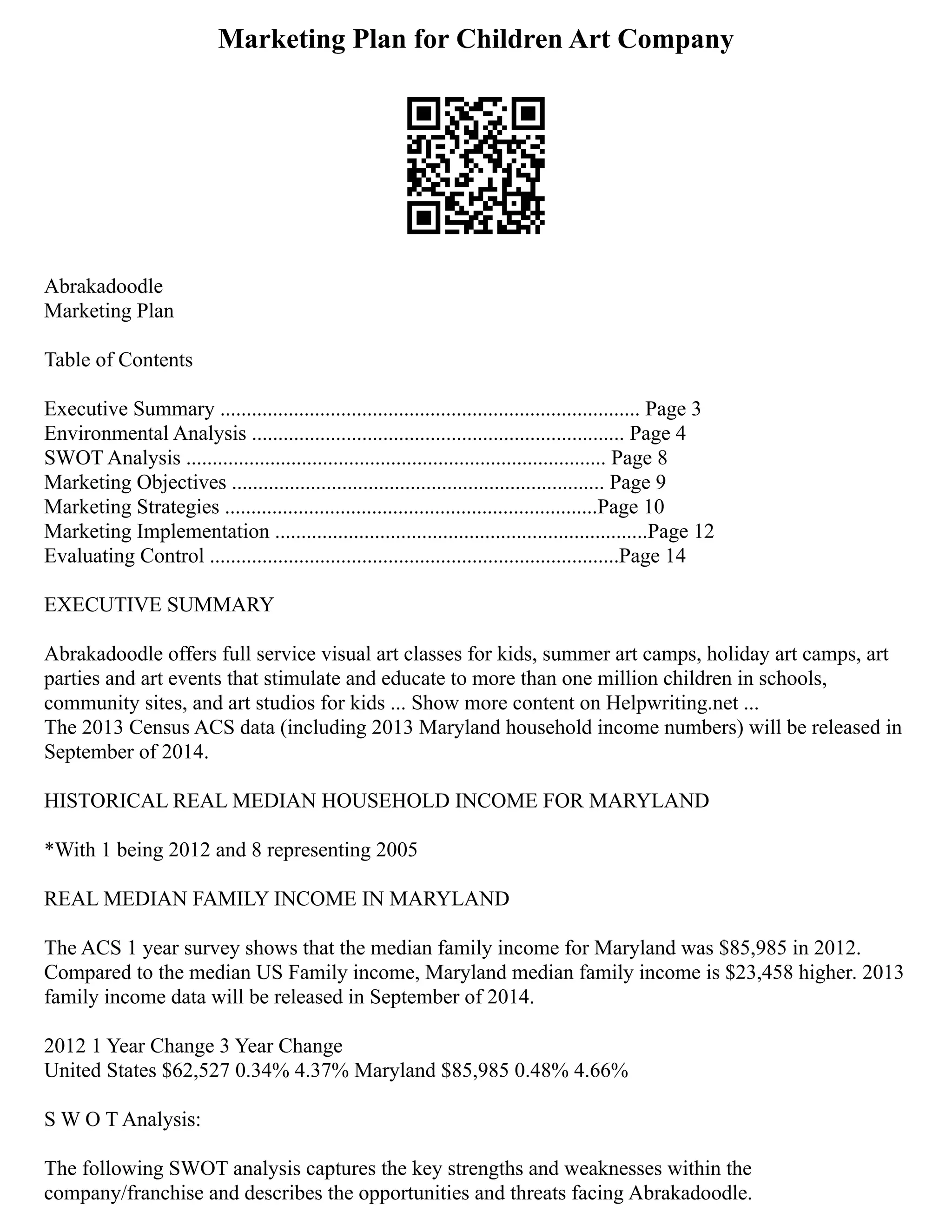 Marketing Plan for Children Art Company
Abrakadoodle
Marketing Plan
Table of Contents
Executive Summary ................................................................................ Page 3
Environmental Analysis ....................................................................... Page 4
SWOT Analysis ................................................................................ Page 8
Marketing Objectives ....................................................................... Page 9
Marketing Strategies .......................................................................Page 10
Marketing Implementation .......................................................................Page 12
Evaluating Control ..............................................................................Page 14
EXECUTIVE SUMMARY
Abrakadoodle offers full service visual art classes for kids, summer art camps, holiday art camps, art
parties and art events that stimulate and educate to more than one million children in schools,
community sites, and art studios for kids ... Show more content on Helpwriting.net ...
The 2013 Census ACS data (including 2013 Maryland household income numbers) will be released in
September of 2014.
HISTORICAL REAL MEDIAN HOUSEHOLD INCOME FOR MARYLAND
*With 1 being 2012 and 8 representing 2005
REAL MEDIAN FAMILY INCOME IN MARYLAND
The ACS 1 year survey shows that the median family income for Maryland was $85,985 in 2012.
Compared to the median US Family income, Maryland median family income is $23,458 higher. 2013
family income data will be released in September of 2014.
2012 1 Year Change 3 Year Change
United States $62,527 0.34% 4.37% Maryland $85,985 0.48% 4.66%
S W O T Analysis:
The following SWOT analysis captures the key strengths and weaknesses within the
company/franchise and describes the opportunities and threats facing Abrakadoodle.
 