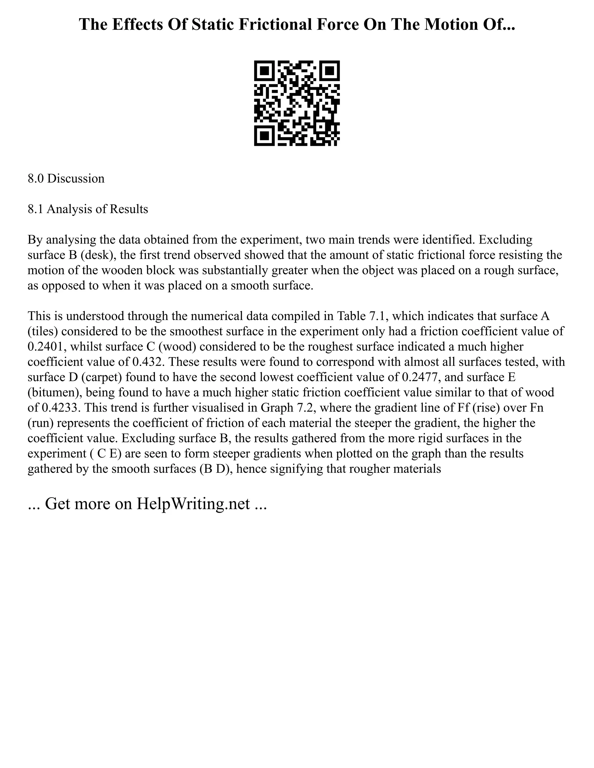 The Effects Of Static Frictional Force On The Motion Of...
8.0 Discussion
8.1 Analysis of Results
By analysing the data obtained from the experiment, two main trends were identified. Excluding
surface B (desk), the first trend observed showed that the amount of static frictional force resisting the
motion of the wooden block was substantially greater when the object was placed on a rough surface,
as opposed to when it was placed on a smooth surface.
This is understood through the numerical data compiled in Table 7.1, which indicates that surface A
(tiles) considered to be the smoothest surface in the experiment only had a friction coefficient value of
0.2401, whilst surface C (wood) considered to be the roughest surface indicated a much higher
coefficient value of 0.432. These results were found to correspond with almost all surfaces tested, with
surface D (carpet) found to have the second lowest coefficient value of 0.2477, and surface E
(bitumen), being found to have a much higher static friction coefficient value similar to that of wood
of 0.4233. This trend is further visualised in Graph 7.2, where the gradient line of Ff (rise) over Fn
(run) represents the coefficient of friction of each material the steeper the gradient, the higher the
coefficient value. Excluding surface B, the results gathered from the more rigid surfaces in the
experiment ( C E) are seen to form steeper gradients when plotted on the graph than the results
gathered by the smooth surfaces (B D), hence signifying that rougher materials
... Get more on HelpWriting.net ...
 