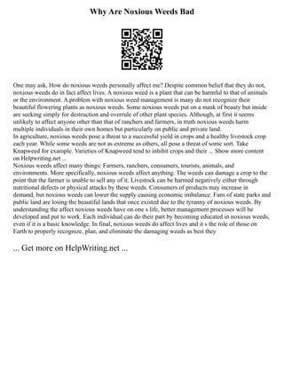 Why Are Noxious Weeds Bad
One may ask, How do noxious weeds personally affect me? Despite common belief that they do not,
noxious weeds do in fact affect lives. A noxious weed is a plant that can be harmful to that of animals
or the environment. A problem with noxious weed management is many do not recognize their
beautiful flowering plants as noxious weeds. Some noxious weeds put on a mask of beauty but inside
are seeking simply for destruction and overrule of other plant species. Although, at first it seems
unlikely to affect anyone other than that of ranchers and farmers, in truth noxious weeds harm
multiple individuals in their own homes but particularly on public and private land.
In agriculture, noxious weeds pose a threat to a successful yield in crops and a healthy livestock crop
each year. While some weeds are not as extreme as others, all pose a threat of some sort. Take
Knapweed for example. Varieties of Knapweed tend to inhibit crops and their ... Show more content
on Helpwriting.net ...
Noxious weeds affect many things: Farmers, ranchers, consumers, tourists, animals, and
environments. More specifically, noxious weeds affect anything. The weeds can damage a crop to the
point that the farmer is unable to sell any of it. Livestock can be harmed negatively either through
nutritional defects or physical attacks by these weeds. Consumers of products may increase in
demand, but noxious weeds can lower the supply causing economic imbalance. Fans of state parks and
public land are losing the beautiful lands that once existed due to the tyranny of noxious weeds. By
understanding the affect noxious weeds have on one s life, better management processes will be
developed and put to work. Each individual can do their part by becoming educated in noxious weeds,
even if it is a basic knowledge. In final, noxious weeds do affect lives and it s the role of those on
Earth to properly recognize, plan, and eliminate the damaging weeds as best they
... Get more on HelpWriting.net ...
 