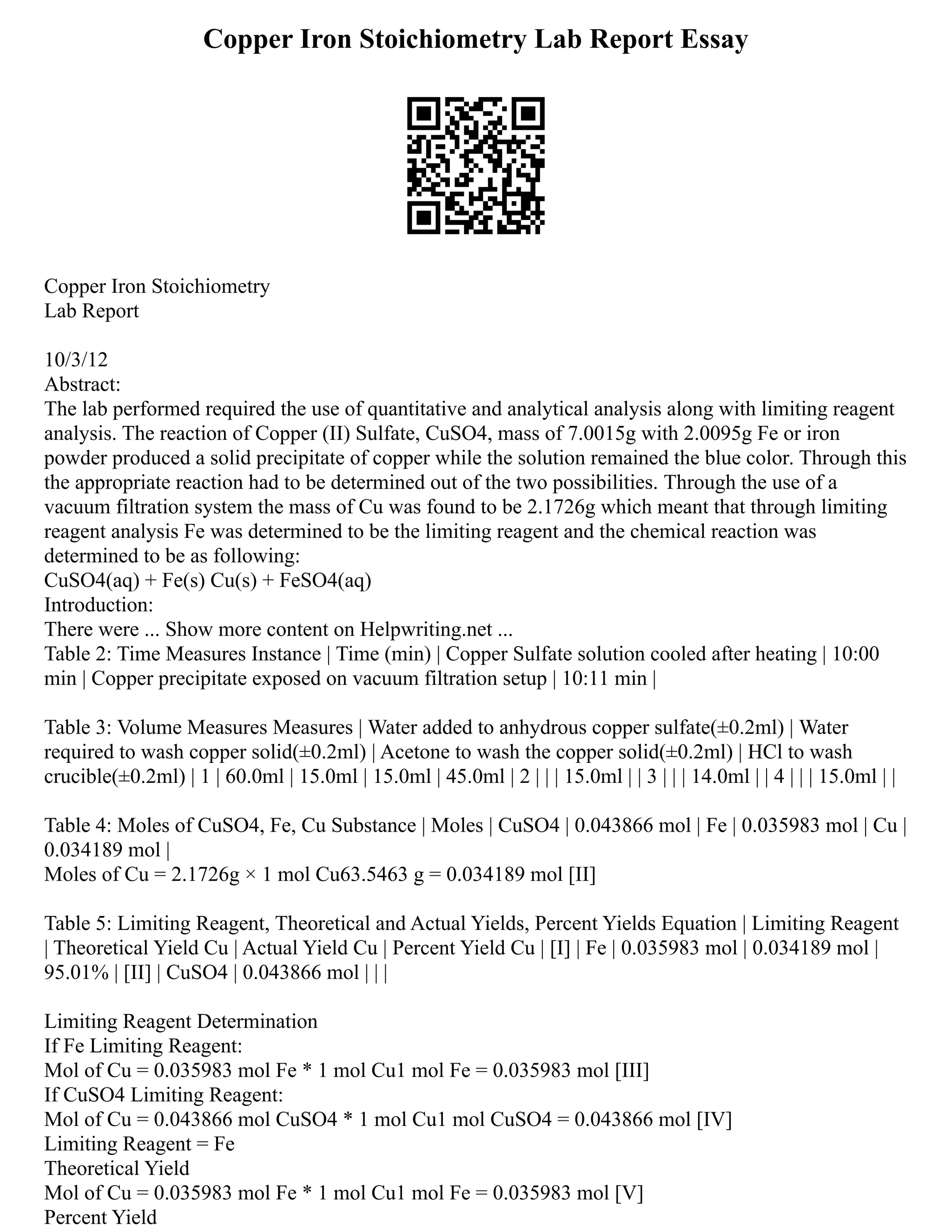 Copper Iron Stoichiometry Lab Report Essay
Copper Iron Stoichiometry
Lab Report
10/3/12
Abstract:
The lab performed required the use of quantitative and analytical analysis along with limiting reagent
analysis. The reaction of Copper (II) Sulfate, CuSO4, mass of 7.0015g with 2.0095g Fe or iron
powder produced a solid precipitate of copper while the solution remained the blue color. Through this
the appropriate reaction had to be determined out of the two possibilities. Through the use of a
vacuum filtration system the mass of Cu was found to be 2.1726g which meant that through limiting
reagent analysis Fe was determined to be the limiting reagent and the chemical reaction was
determined to be as following:
CuSO4(aq) + Fe(s) Cu(s) + FeSO4(aq)
Introduction:
There were ... Show more content on Helpwriting.net ...
Table 2: Time Measures Instance | Time (min) | Copper Sulfate solution cooled after heating | 10:00
min | Copper precipitate exposed on vacuum filtration setup | 10:11 min |
Table 3: Volume Measures Measures | Water added to anhydrous copper sulfate(±0.2ml) | Water
required to wash copper solid(±0.2ml) | Acetone to wash the copper solid(±0.2ml) | HCl to wash
crucible(±0.2ml) | 1 | 60.0ml | 15.0ml | 15.0ml | 45.0ml | 2 | | | 15.0ml | | 3 | | | 14.0ml | | 4 | | | 15.0ml | |
Table 4: Moles of CuSO4, Fe, Cu Substance | Moles | CuSO4 | 0.043866 mol | Fe | 0.035983 mol | Cu |
0.034189 mol |
Moles of Cu = 2.1726g × 1 mol Cu63.5463 g = 0.034189 mol [II]
Table 5: Limiting Reagent, Theoretical and Actual Yields, Percent Yields Equation | Limiting Reagent
| Theoretical Yield Cu | Actual Yield Cu | Percent Yield Cu | [I] | Fe | 0.035983 mol | 0.034189 mol |
95.01% | [II] | CuSO4 | 0.043866 mol | | |
Limiting Reagent Determination
If Fe Limiting Reagent:
Mol of Cu = 0.035983 mol Fe * 1 mol Cu1 mol Fe = 0.035983 mol [III]
If CuSO4 Limiting Reagent:
Mol of Cu = 0.043866 mol CuSO4 * 1 mol Cu1 mol CuSO4 = 0.043866 mol [IV]
Limiting Reagent = Fe
Theoretical Yield
Mol of Cu = 0.035983 mol Fe * 1 mol Cu1 mol Fe = 0.035983 mol [V]
Percent Yield
 