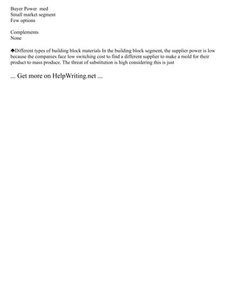 Buyer Power ­med
Small market segment
Few options
Complements
None
Different types of building block materials In the building block segment, the supplier power is low
because the companies face low switching cost to find a different supplier to make a mold for their
product to mass produce. The threat of substitution is high considering this is just
... Get more on HelpWriting.net ...
 