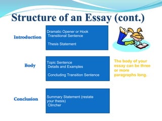 Dramatic Opener or Hook   Transitional Sentence   Thesis Statement Topic Sentence   Details and Examples   Concluding Transition Sentence Summary Statement (restate your thesis)   Clincher The body of your essay can be three or more paragraphs long.  