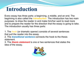 Every essay has three parts: a beginning, a middle, and an end. The beginning is also called the  introduction .   The introduction has two main purposes: to draw the reader in and make him/her want to read more and to prepare the reader for the direction that the essay is going to take. The introduction usually has three parts: 1. The  hook   (or dramatic opener) consists of several sentences  that pull the reader into the essay. 2. The  transitional sentence  connects the hook to the thesis  statement. 3. The  thesis statement  is one or two sentences that states the  idea of the essay. 