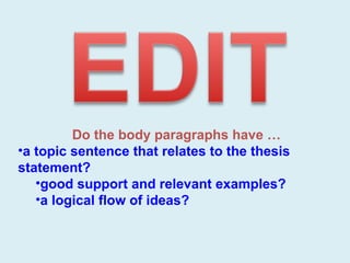 Do the body paragraphs have … a topic sentence that relates to the thesis statement? good support and relevant examples? a logical flow of ideas?  