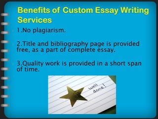  1.No plagiarism.
 2.Title and bibliography page is provided
free, as a part of complete essay.
 3.Quality work is provided in a short span
of time.
 