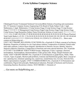 Csvtu Syllabus Computer Science
Chhattisgarh Swami Vivekanand Technical University,Bhilai Scheme of teaching and examination
B.E. IV Semester Computer Science Engineering S.No Board of Study Subject Code 1 Appl.
Mathematics 2 Appl. Mathematics 3 Comp Science Engg 4 Comp Science Engg 5 Comp Science
Engg 6 7 8 9 10 11 12 Management Comp Science Engg Comp Science Engg Comp Science Engg
Comp Science Engg Humanities Subject Name Periods per Scheme of exam week L T 1 1 1 1 1 1 3 3
3 3 2 1 19 6 15 640 120 P ESE CT 80 80 80 80 80 80 40 40 40 40 20 20 20 20 20 20 Theory/Practical
Total Credit Marks L+(T+P) / 2 TA 20 20 20 20 20 20 20 20 20 20 40 120 120 120 120 120 120 60 60
60 60 40 5 4 4 4 4 4 2 2 2 2 1 322411(14) 322412( 14 ) 322413( 22 ) 322414( 22 ) ... Show more
content on Helpwriting.net ...
UNIT 2 SET THEORY, RELATIONS, FUNCTIONS (No. of periods 8+2) Basic concept of set theory,
Relations, Properties of relation in a set, Equivalence relation, Composition of relations, Partial order
total order relations, Lattices Hasse diagram, Introduction to function, Inverse, Identity, Injective,
Surjective Bijective functions, Composition of functions and some special functions. (No. of periods
8+2) UNIT 3 ALGEBRAIC STRUCTURES Groups, Subgroups, Cosets, Lagrange s theorem,
Isomorphism, Automorphism, Homomorphism, Codes group codes, Rings, Integral domains and
Fields. UNIT 4 GRAPH THEORY (No. of periods 8+2) Introduction to graph theory, Walks, Paths
Circuits, Types of graphs, Shortest path problems, Eulerian and Hamiltonian graphs, Basic concept of
tree: spanning tree, minimum spanning tree, search tree, rooted binary tree, Cut sets, Network flow,
Matrix representation of graphs. UNIT 5 COMBINATORICS (No. of periods 8+2) Permutation and
combination, Pigeon hole principle, Mathematical induction, Principle of Inclusion and Exclusion,
Generating function, Recurrence relation. TEXT BOOKS: 1. Elements of
... Get more on HelpWriting.net ...
 
